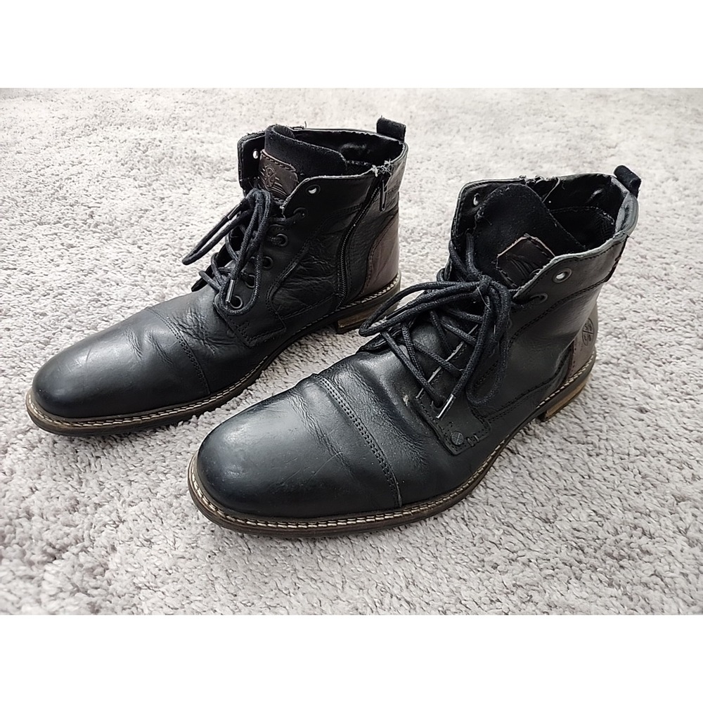 Bullboxer Leather Ankle Boots Mens 12 Black Leather Lace Up Side Zipper Cap Toe